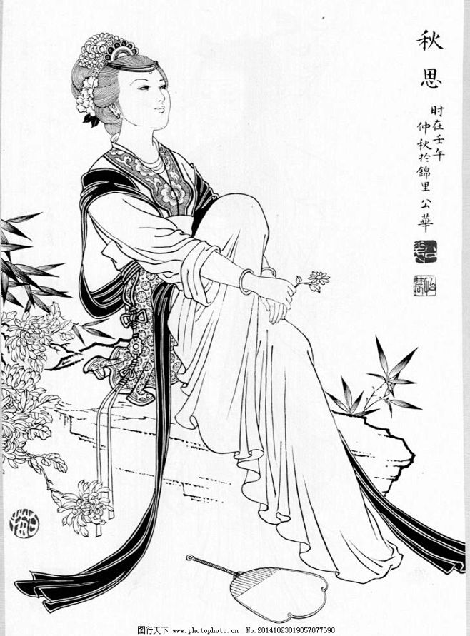 高清仕女白描白描仕女图工笔白描底稿国画水墨绘画古代人物