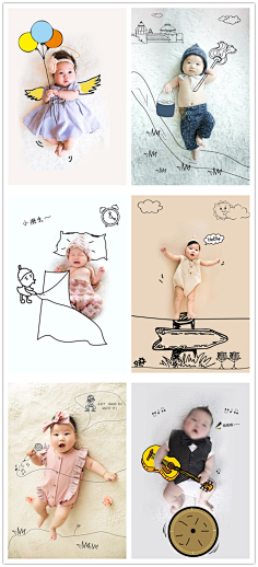 婴儿孩童创意手绘插画线描想象摄影楼相册设计psd素材