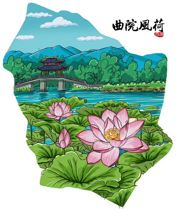 手绘卡通 杭州西湖十景 地图绘画 卡通人物地图介绍 策划地图 风景区