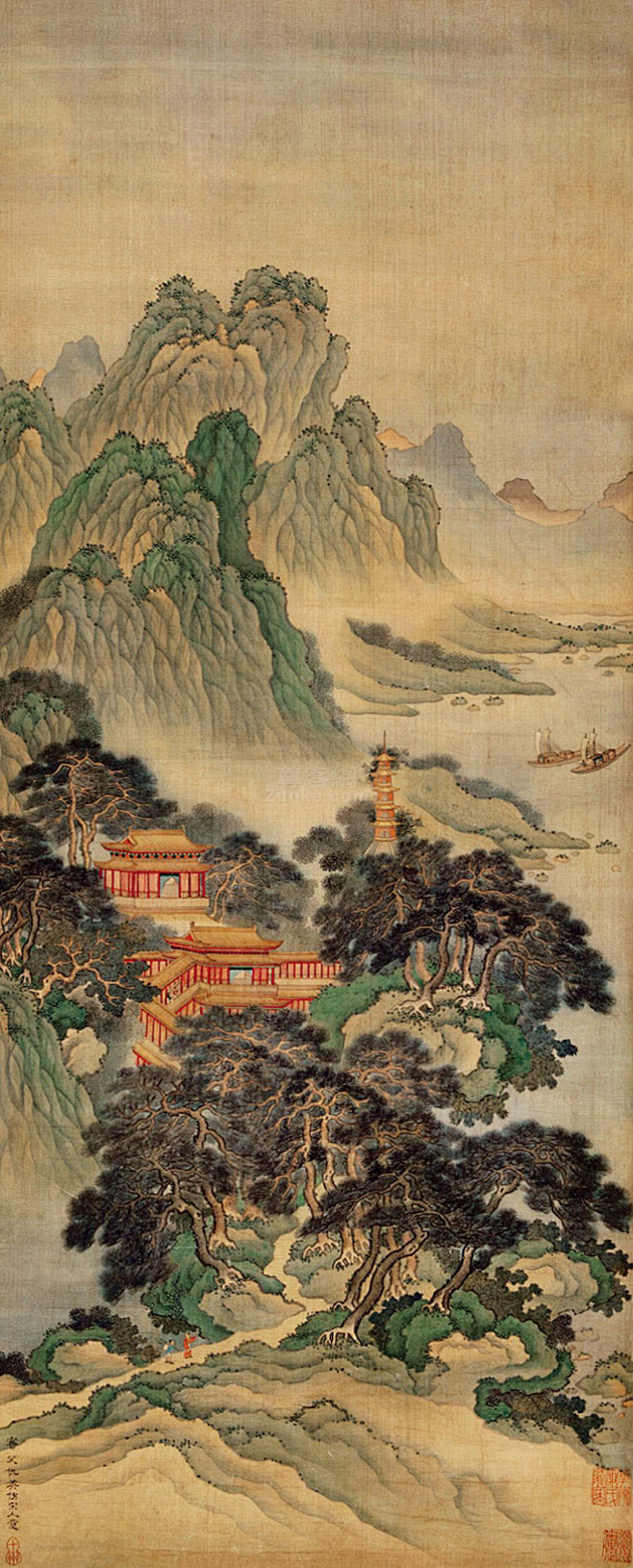 仇英松山楼阁立轴绢本作品欣赏