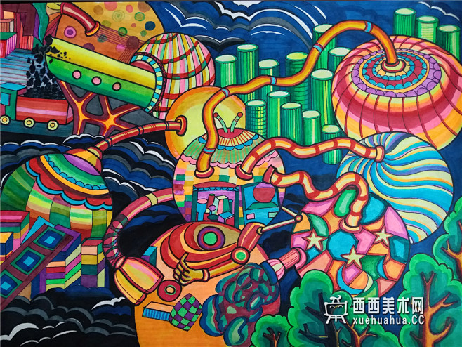 cc 小学生获奖科幻画《星际城市》赏析(1) 18 xuehuahua.