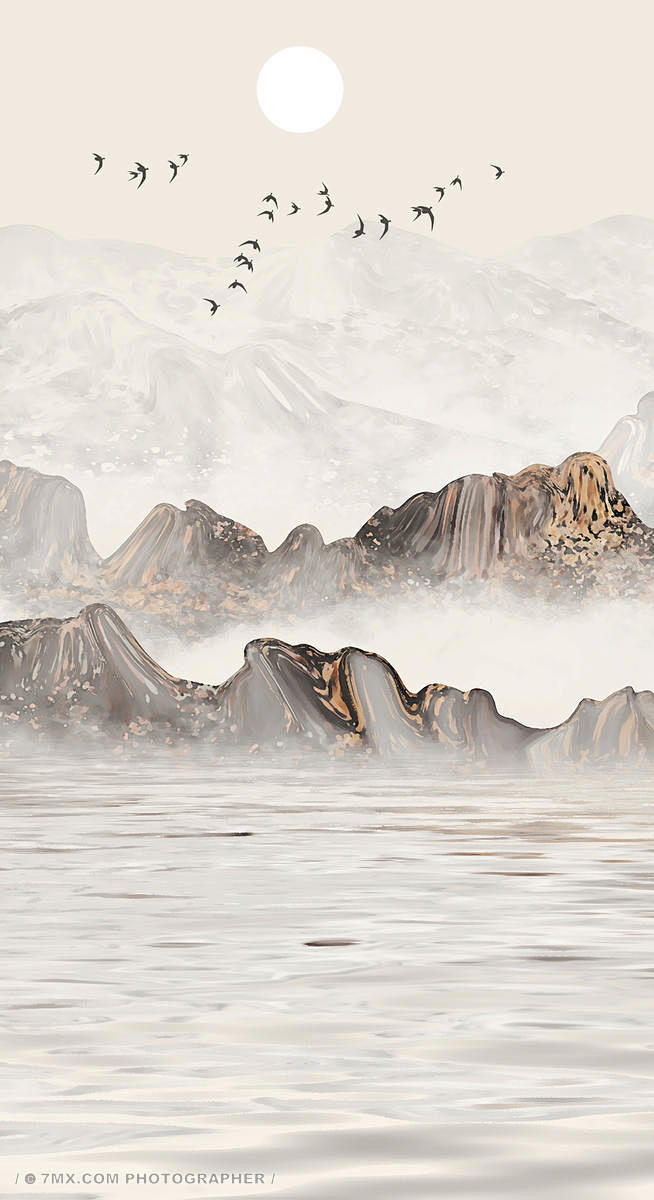 手绘中国风意境水墨山水风景画插画自然山水靠山抽象桃花云雾写意中国