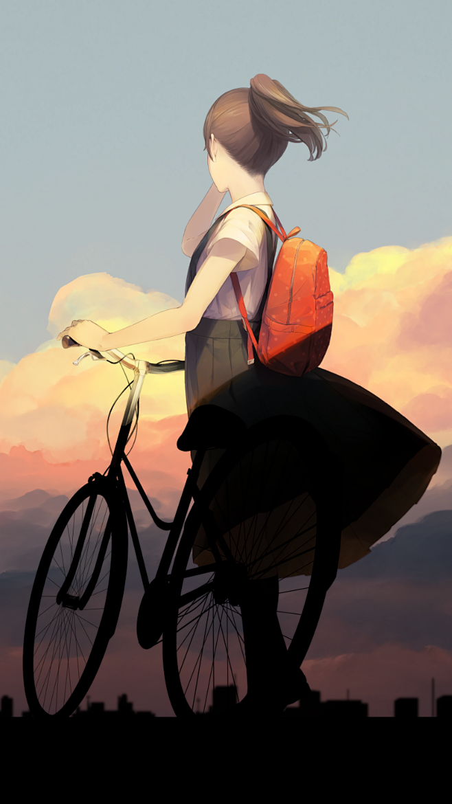 夕阳下の单车妹子