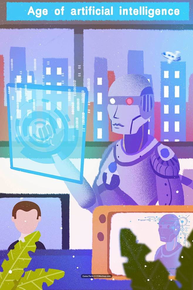 人工智能机器人未来科技科学卡通手绘漫画插画场景psd模板03平面设计