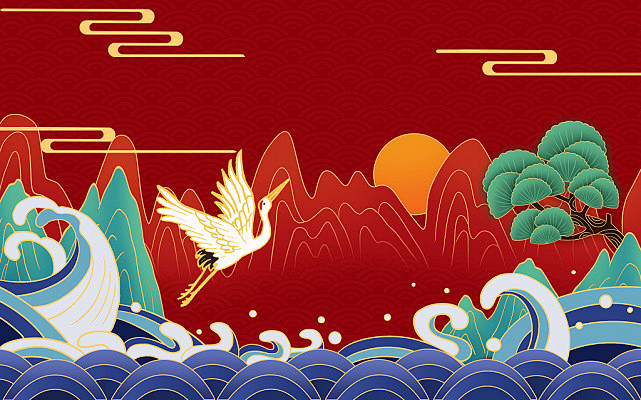 红色中国风古风国潮海浪仙鹤插画