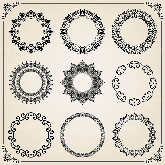 多款欧式黑色圆形复古花纹边框花边矢量素材