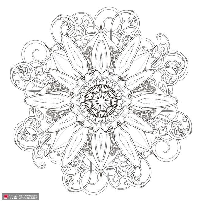 线条白描人物花卉欧式花纹团花纹样图案素材78图案设计欧式花纹