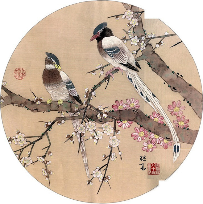 喻继高团扇花鸟工笔画欣赏