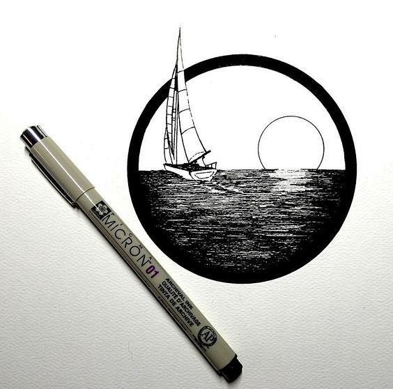 手绘黑白画线描针管笔将自然风景画进几何图形来自插画师derekmyers