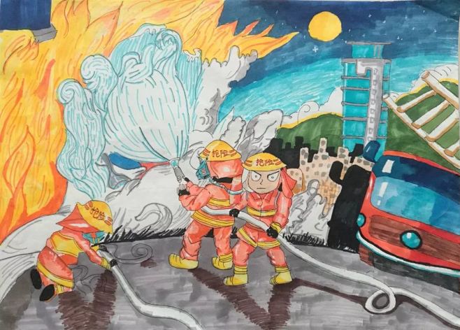 防火绘画消防绘画安全漫画图片获奖作品消防安全绘画 高中儿童消防