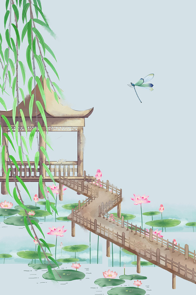 手绘古风亭台背景图