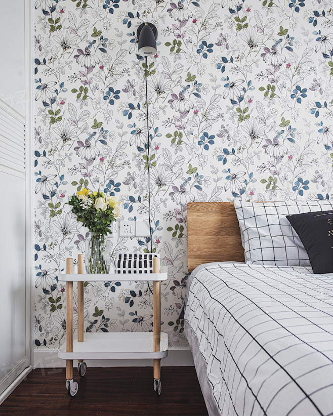 卧室 北欧 壁纸 推车 床头柜  简约 ...