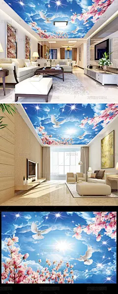 简约蓝天白云桃花天顶壁画