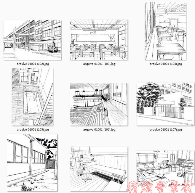 学校建筑 教室陈设 漫画场景背景线稿手稿集手绘临摹参考素材 淘宝网