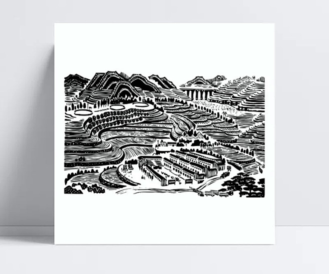梯田黑白画梯田画农民黑白画大农业插画黑白画祖国发展歌颂祖国大好河
