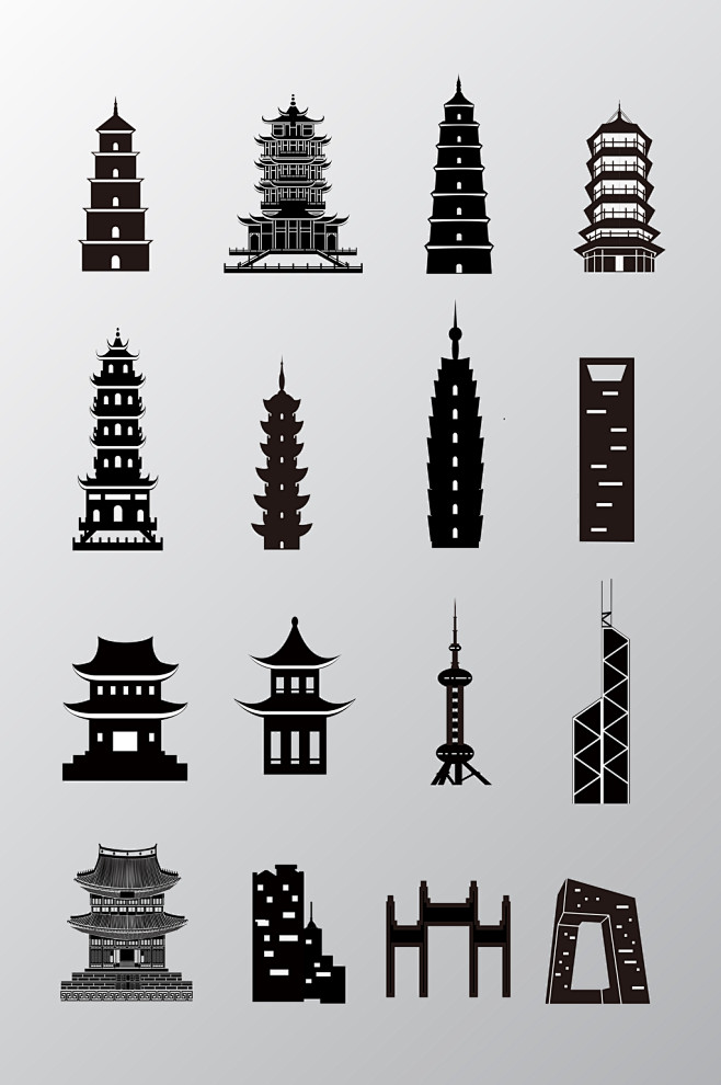 古现代中国建筑剪影矢量素材