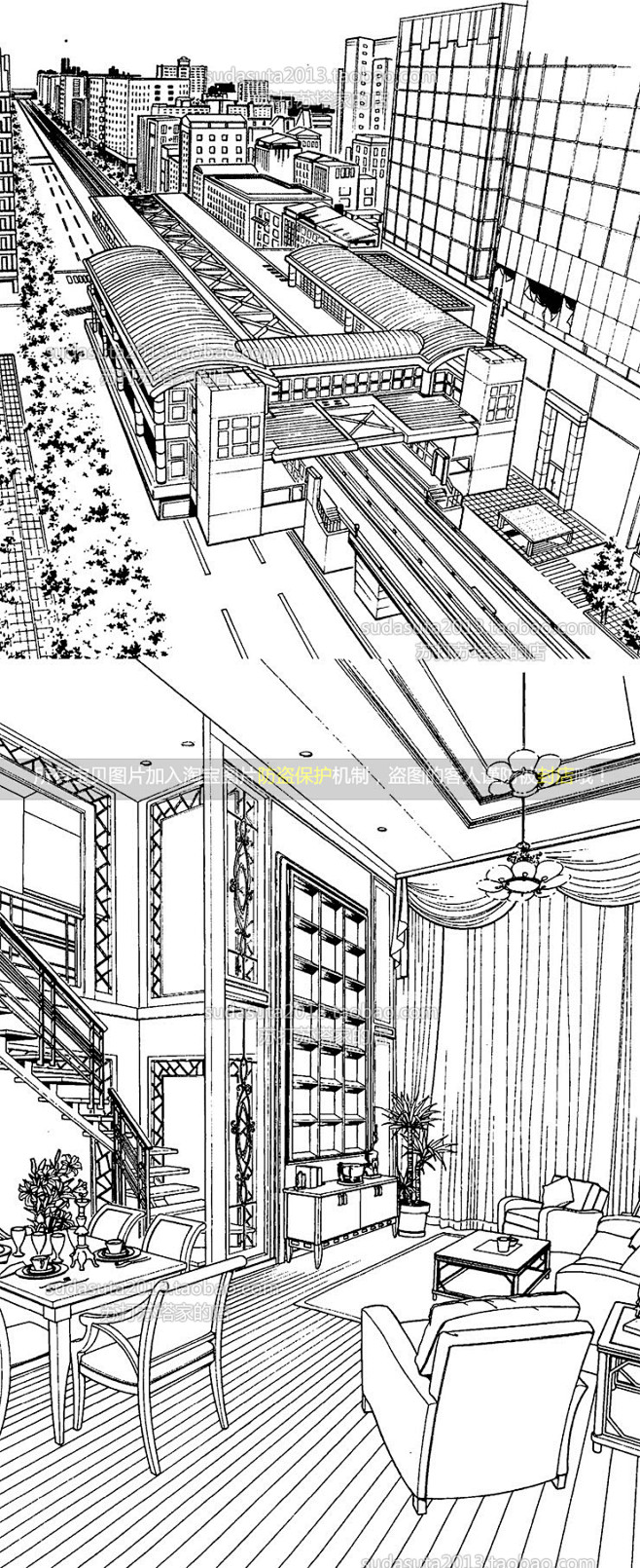 105张现代建筑场景线稿图片黑白cg漫画背景城市街道背景学校大厦 淘宝网