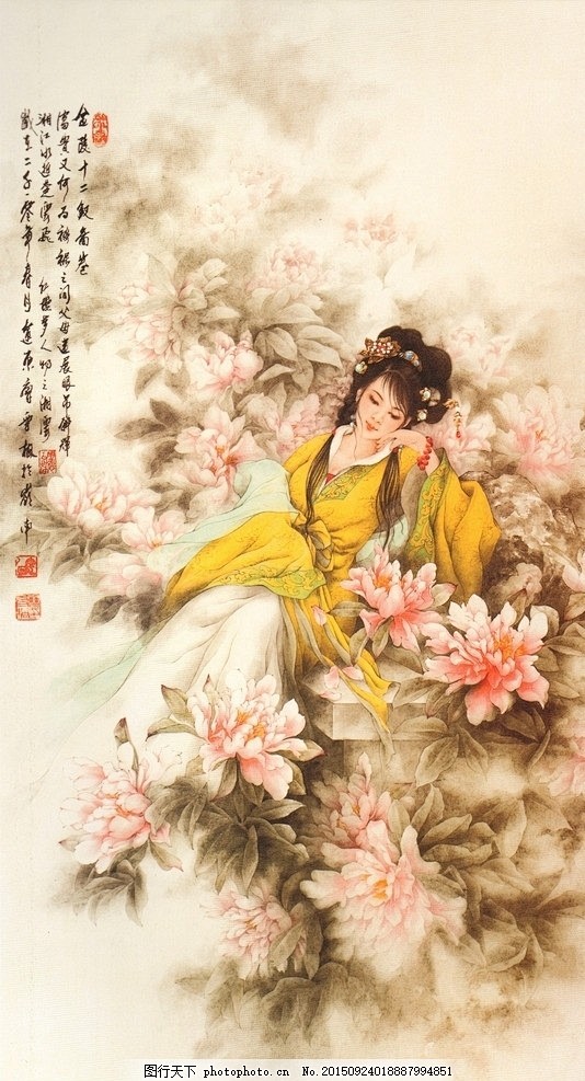 古画仕女图老挂历古装美女高清工笔画图片素材
