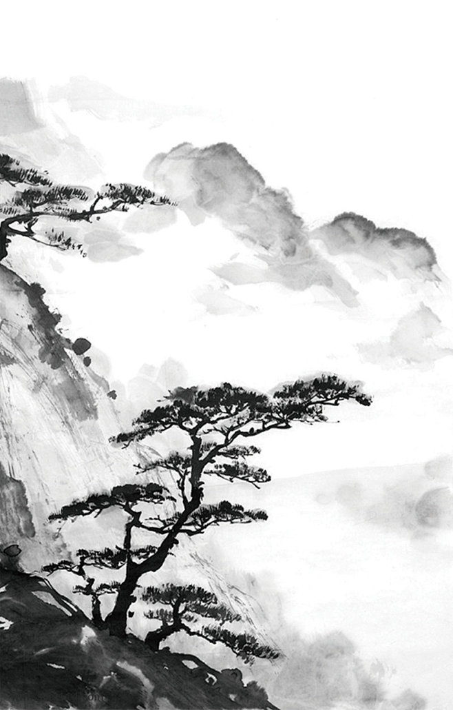 水墨山水国画松树
