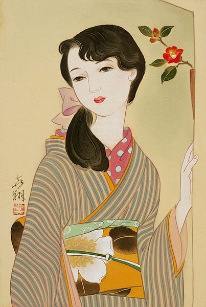 擅长绢本着色日本画技画法,描绘细腻抒情的柔美女性 复古和服女人