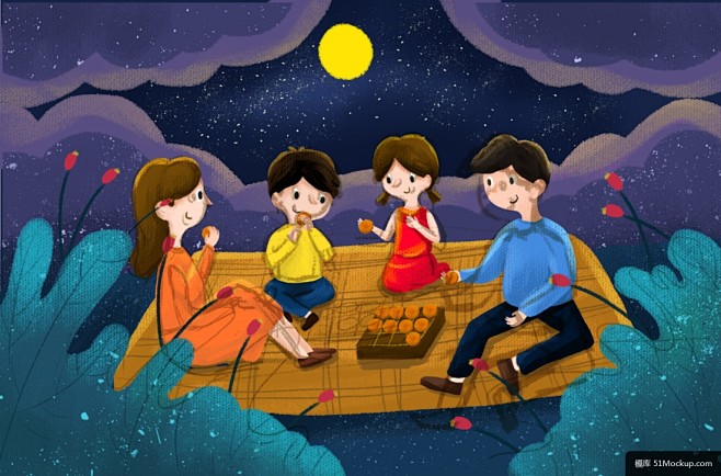 室外赏月阖家团圆传统月饼传统中秋节插图模板平面设计