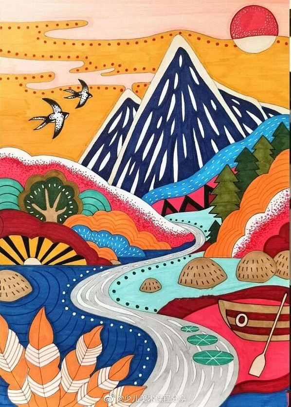 创意美术马克笔手绘装饰画儿童线描画马克笔装饰画分享676767