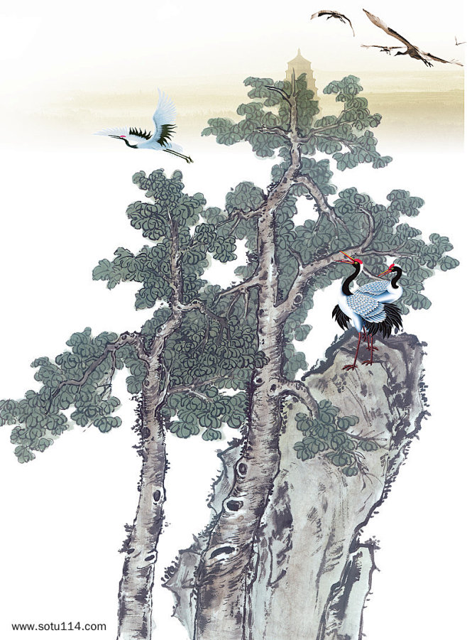 仙鹤飞回国画松树