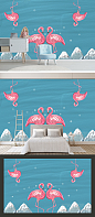 水彩手绘火烈鸟背景墙装饰画PSD分层素材