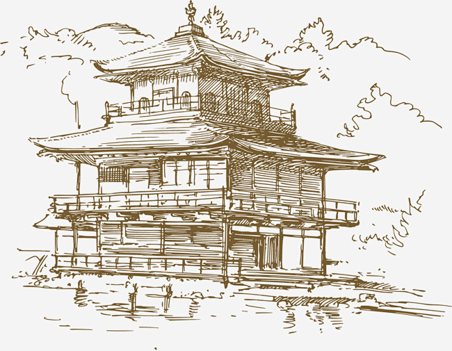手绘古代建筑矢量素材