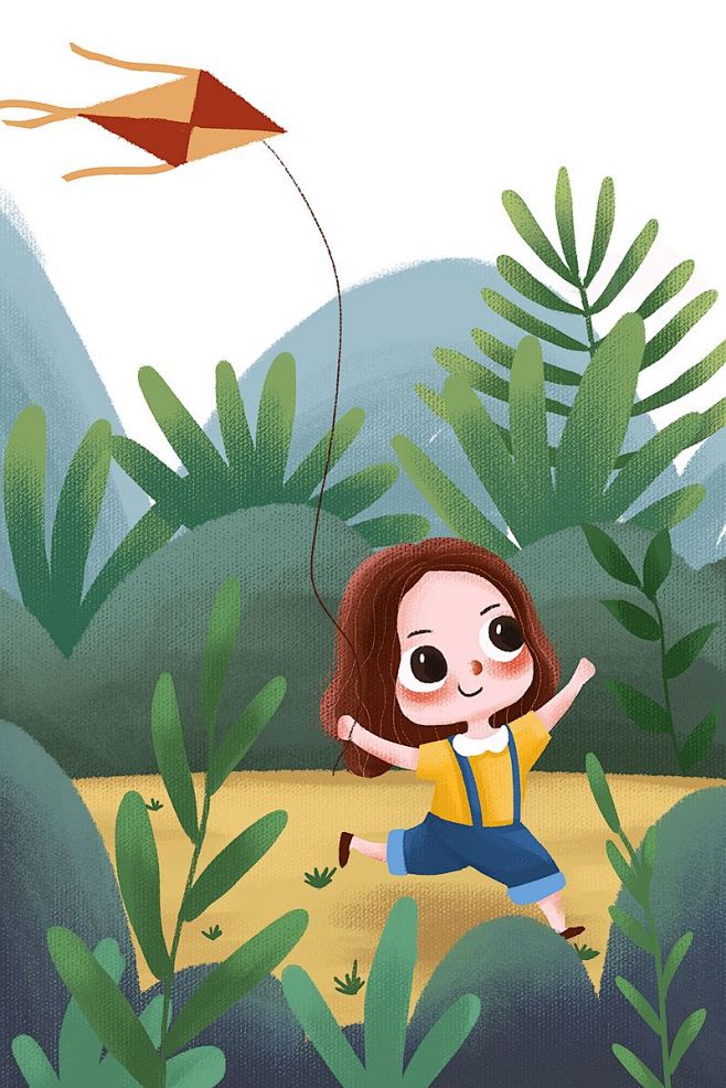 春天女孩放风筝插画小清新治愈童趣
