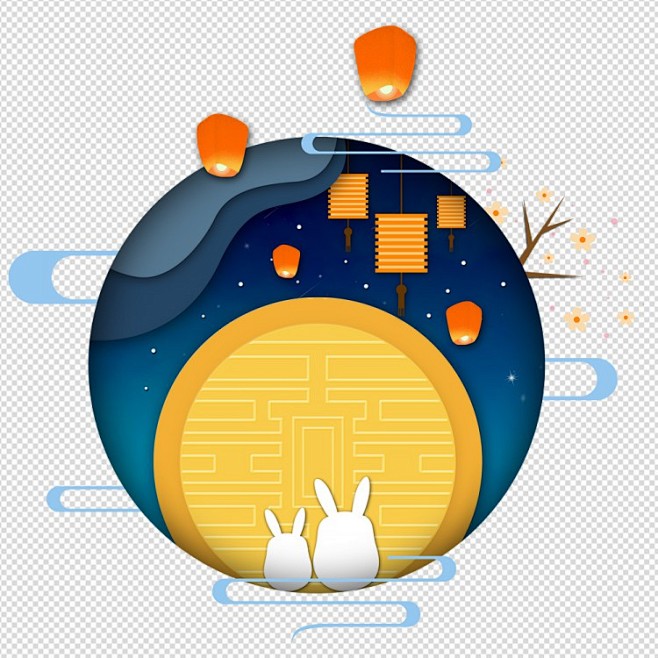 中国风古典元素鼠绘手绘中秋节月亮玉兔灯笼古风素材免抠图片透明背景