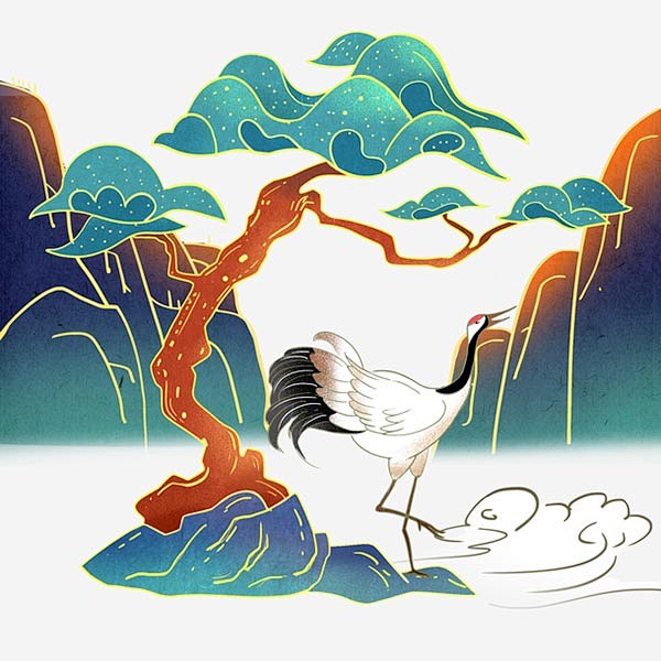 国潮插画松下仙鹤