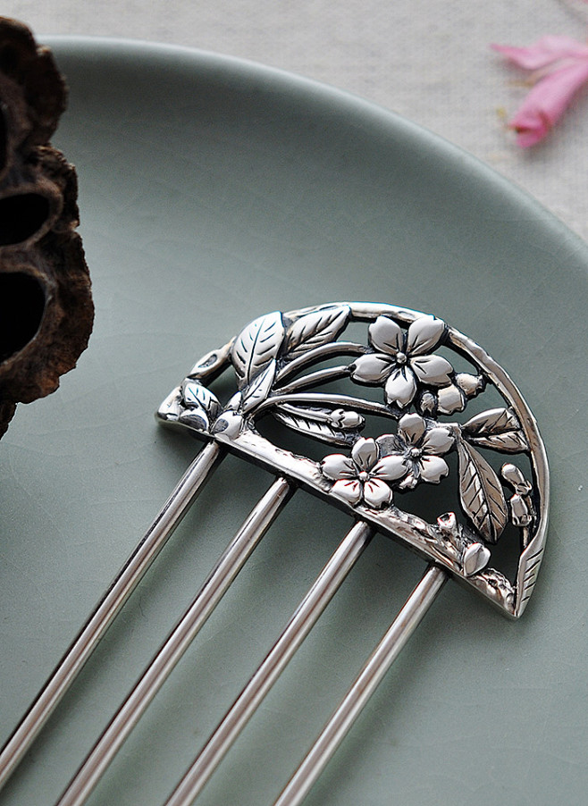 原创手工银饰中式古风头钗女s925纯银发簪樱花银簪子古典盘发头饰淘宝