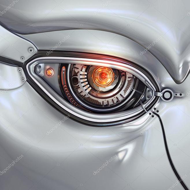 未来派明亮的网络眼与计算机数字作为一部分机械金属机器人的脸闪耀