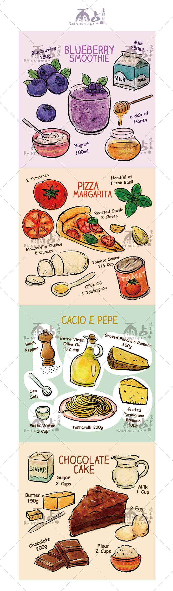 手绘水彩复古美食披萨蛋糕酸奶意面菜谱菜单设计ai设计素材淘宝网