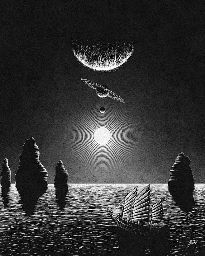 澳大利亚插画师justinestcourt富有设计感的黑白画风作品在黑暗中描绘