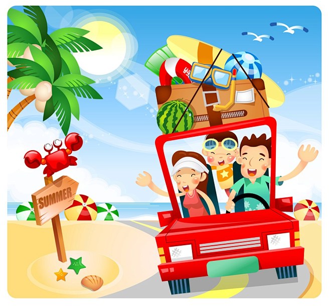 夏日梦幻缤纷彩色暑假欢乐一家人旅游度假卡通水彩插画