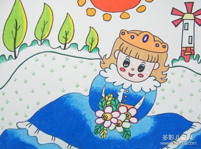 小公主采花儿童画