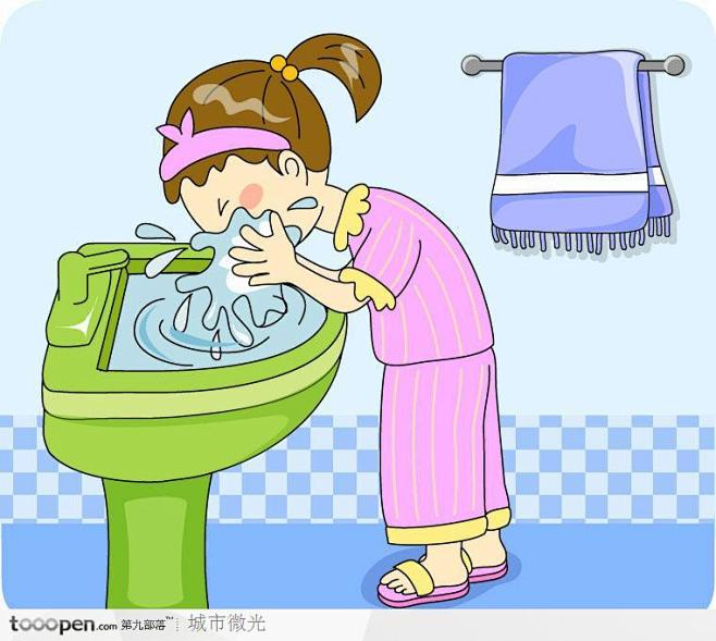 儿童生活插画洗手间里洗脸的小女孩