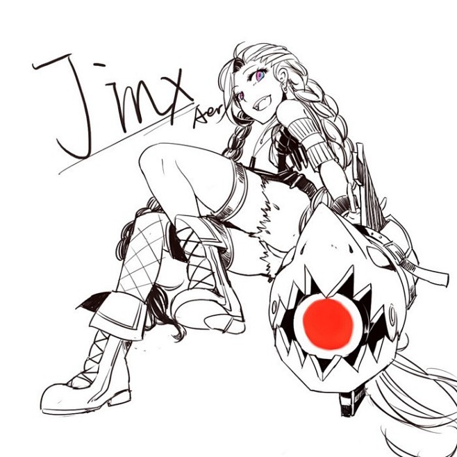 金克斯小太妹lol插画黑白