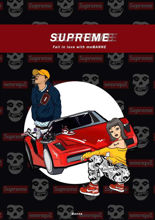 国潮来了嘻哈欧美范涂鸦情侣插画壁纸supreme