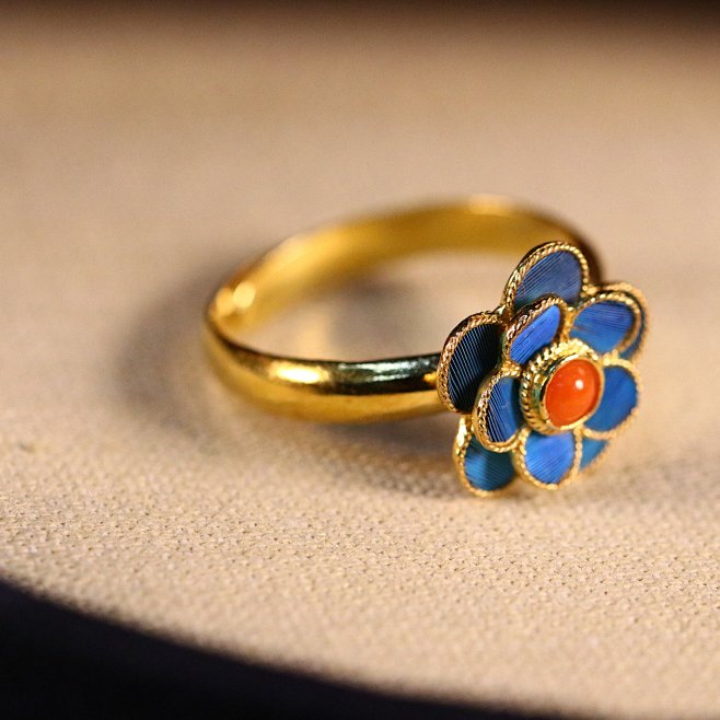 点翠花卉戒指银镀金宫廷古风简约饰品圈口可调复古首饰淘宝网