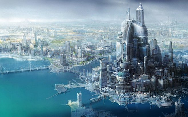 科幻城市futuristic海洋水docks建筑摩天大楼蓝色白色星球大战