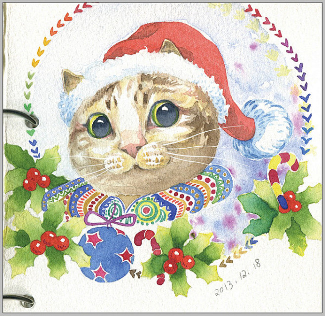 圣诞水彩猫猫圣诞快到了我的颜料也快到了哈哈哈哈哈 素描 小清新 壁纸 水彩 背景图