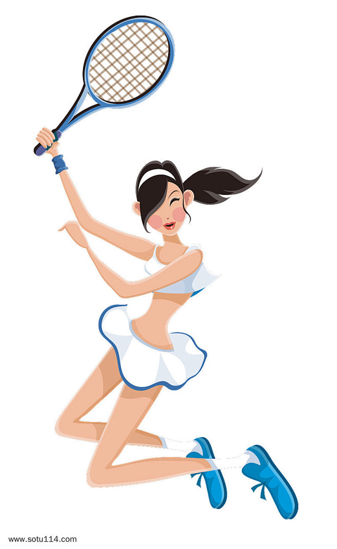 举拍跳跃卡通网球美女png