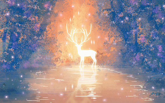 手绘唯美森林与鹿梦幻夜景原创插画海报与鹿 林深见鹿 鹿 唯美夜景 夜
