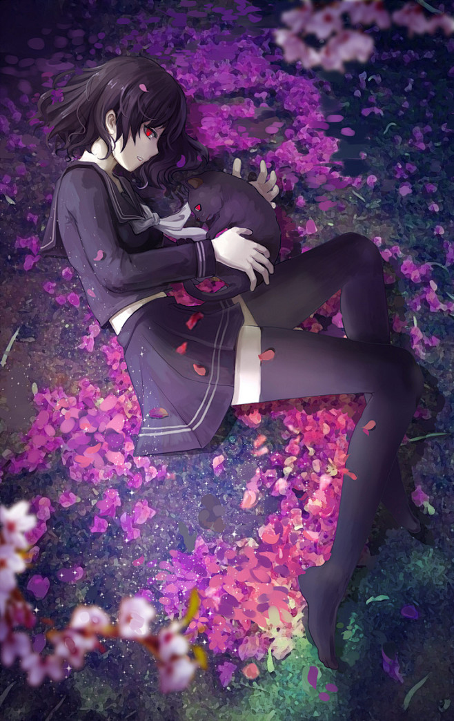 被害妄想 青赤魔王 厚涂 水手服 黑水手服 黑猫 哥特 花 樱花 花瓣 背景 少女 血 标签真的好长 完全用不完的感觉 涂鸦王国插画