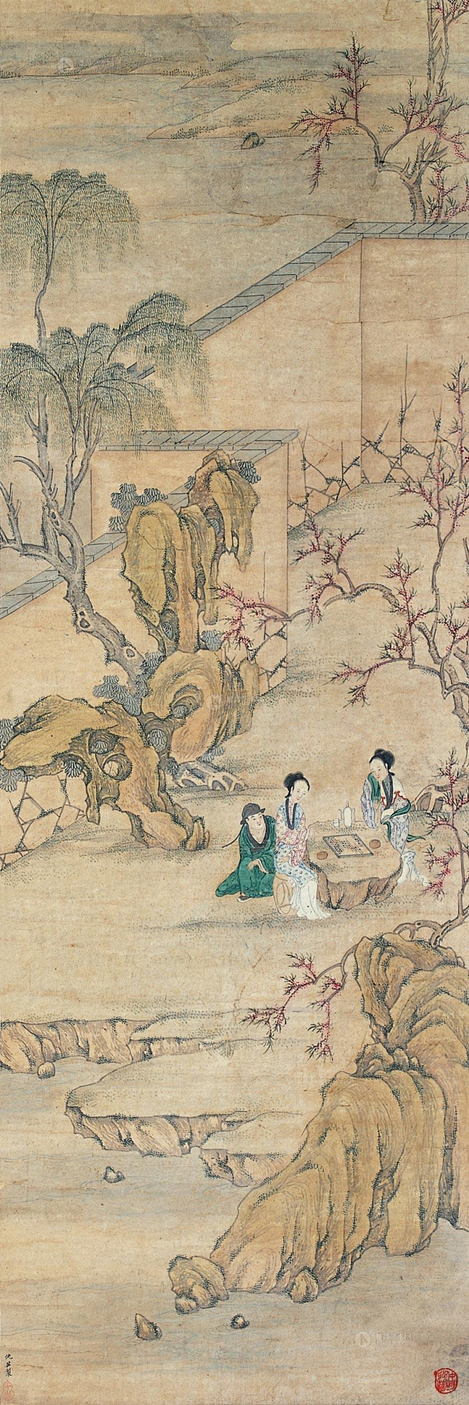 仇英西厢记无题庭院仕女人物小景立轴欣赏