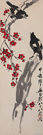 中国书画艺术：齐白石 作品《梅花八哥》--- 作品画面构图清新，张弛有度，梅枝、树干成垂直交叉之势，与落款书法的朴拙自然相得益彰。