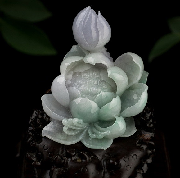 天然翡翠a货玉器批发翡翠精品摆件精雕荷花小摆6080淘宝网